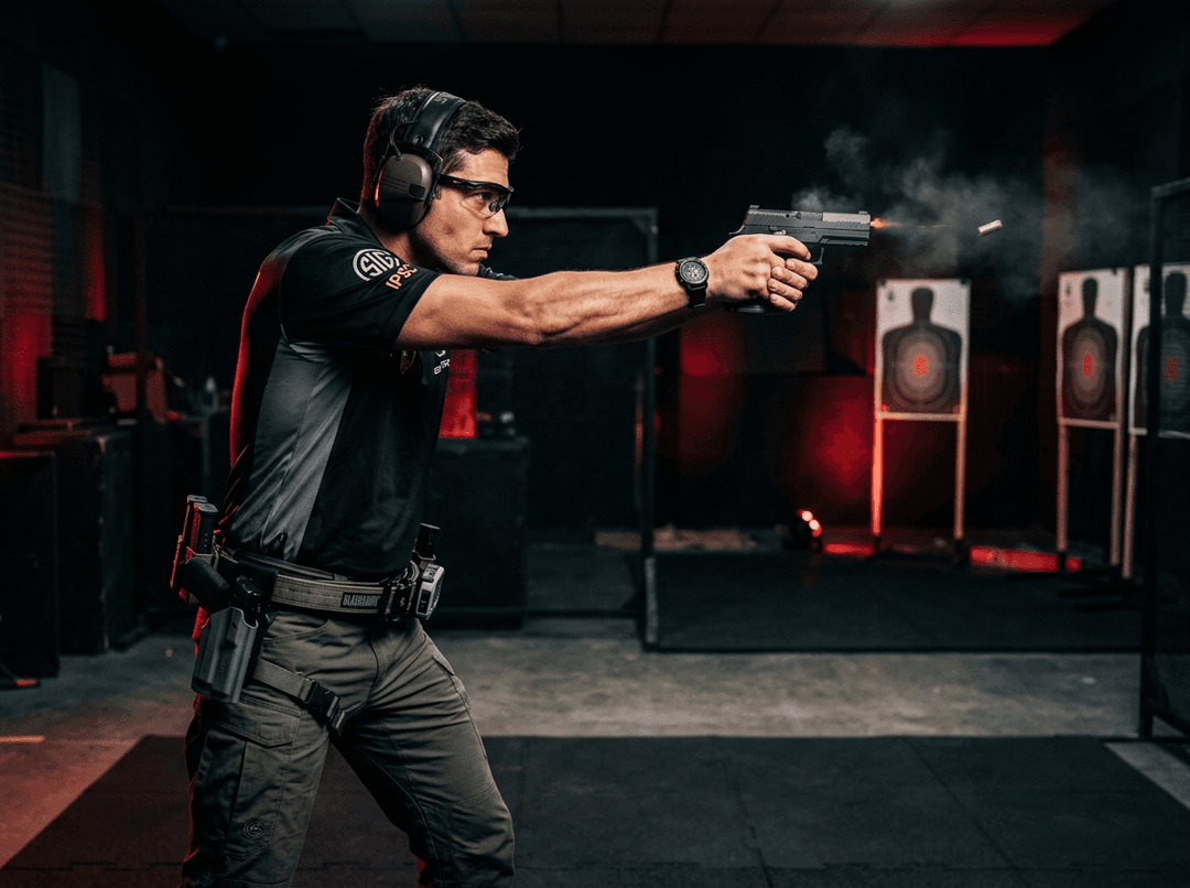 Trening pistoletowy 9mm — StrzelajPRO Trening pistoletowy na strzelnicy — zawodniczka przy stanowisku strzeleckim