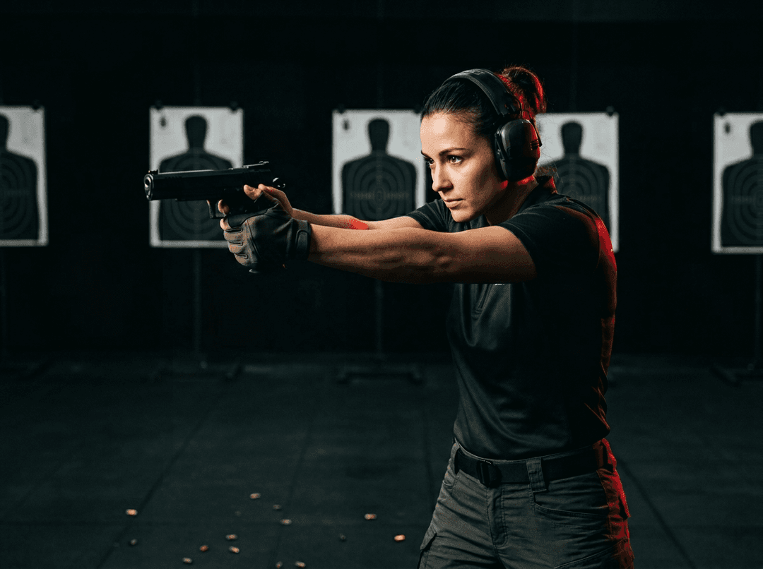 Strzelectwo sportowe — aplikacja do śledzenia wyników strzeleckich Zawodniczka na strzelnicy sportowej celująca w tarcze okrągłe — strzelectwo sportowe