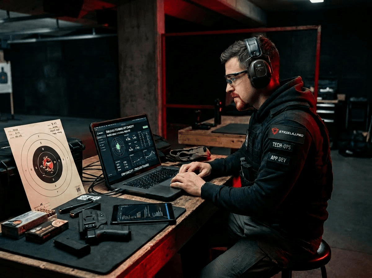 ShootLog founder at a laptop on the range