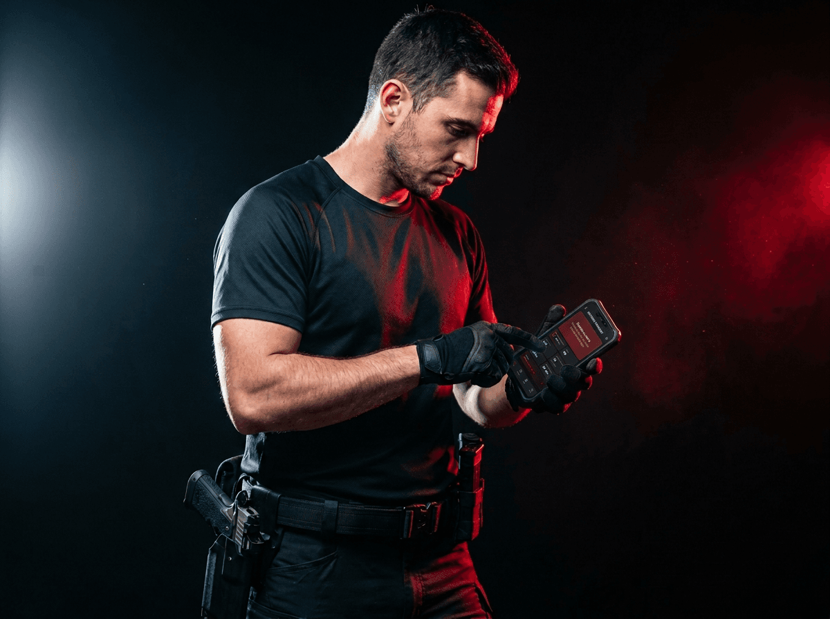 Shooter with phone showing progress chart