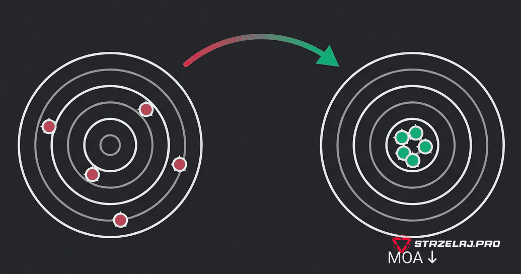 Poprawa skupienia strzałów na tarczy — porównanie dużego rozrzutu (wysoki MOA) z ciasną grupą trafień (niski MOA)