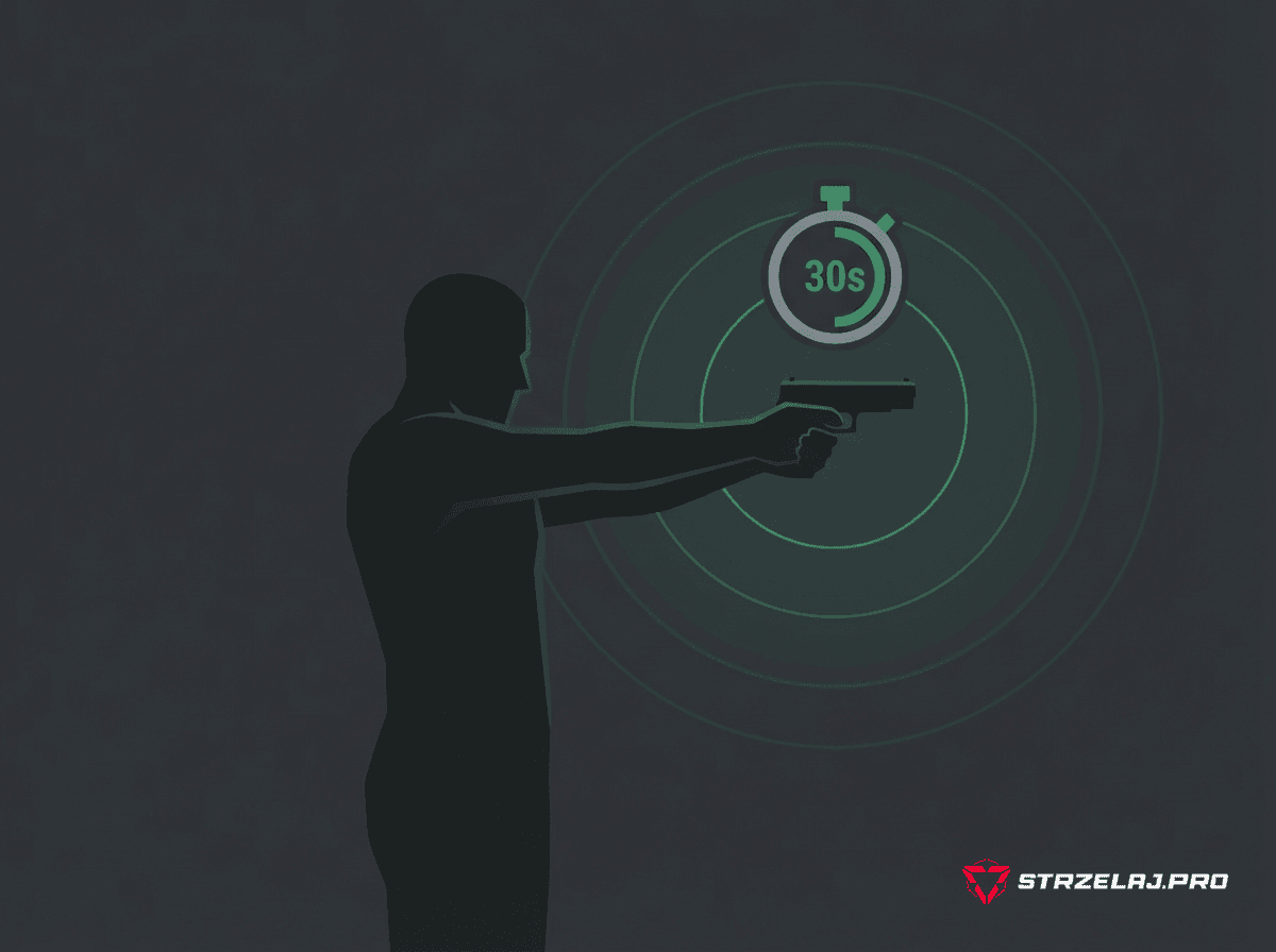 Ćwiczenie wydłużania czasu celowania — strzelec utrzymuje pistolet na celu przez 30 sekund, trening stabilności