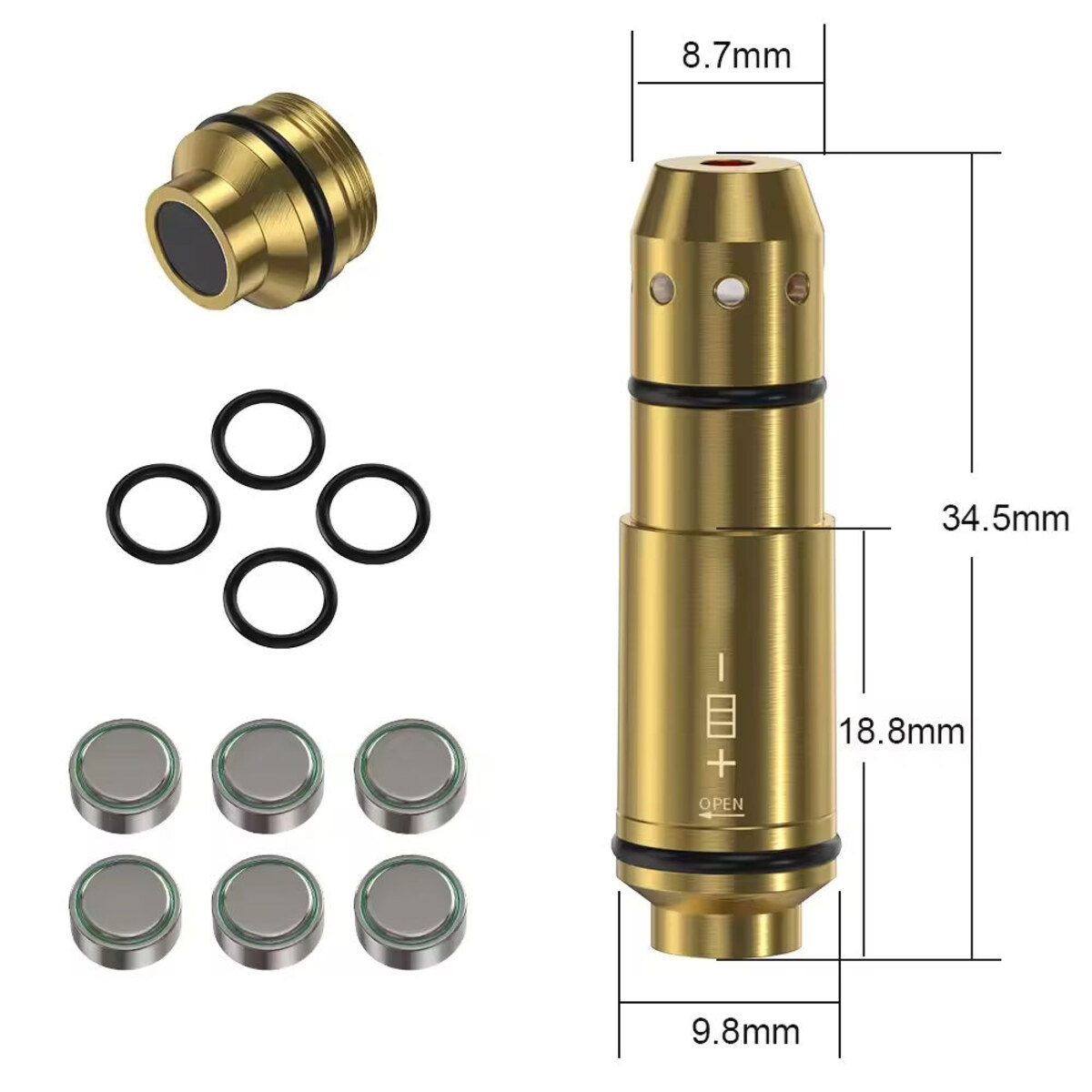 Wymiary naboju laserowego 9 mm i akcesoria w zestawie